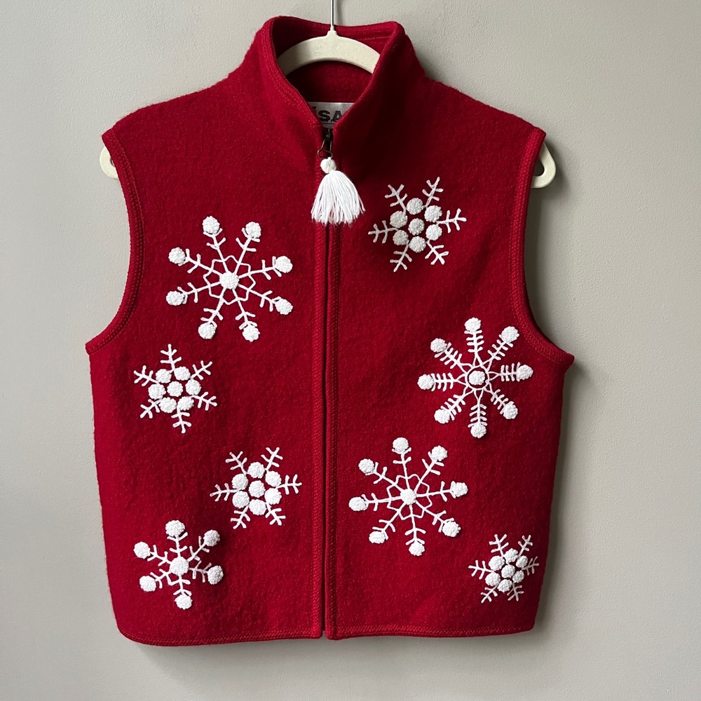 Vintage Holiday Vest Women's Medium Red Boiled Wool Snowflakes Festive Nordic